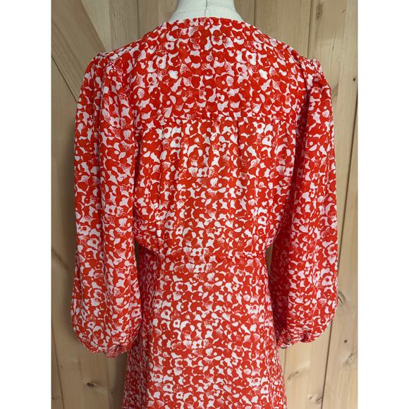 Ganni | Balloon Sleeve Orange Floral Print Crepe Midi Dress | Size 38 (US 6) - Picture 7 of 16